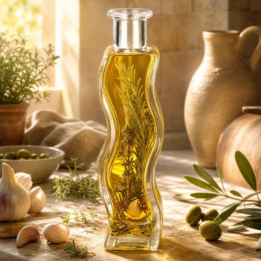 100 ml glasflaska Melissa utan förslutning UNiTWIST® 100 ml Melissa-glasflaska fylld med örtolja och rosmarinkvistar i ett medelhavskök med oliver och keramik