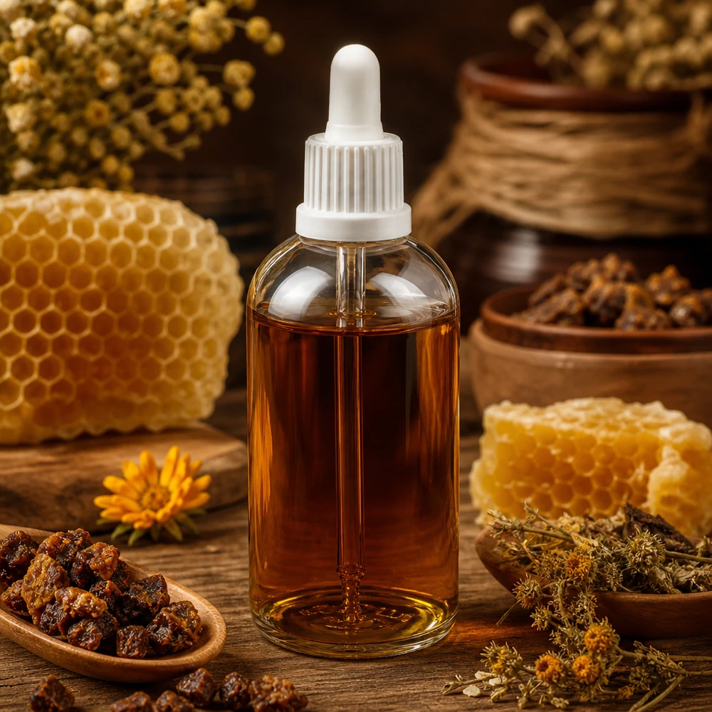 Brunt propolis-extrakt i en 100 ml vit ClearLine-pipettflaska, omgiven av bikupor och medicinalväxter