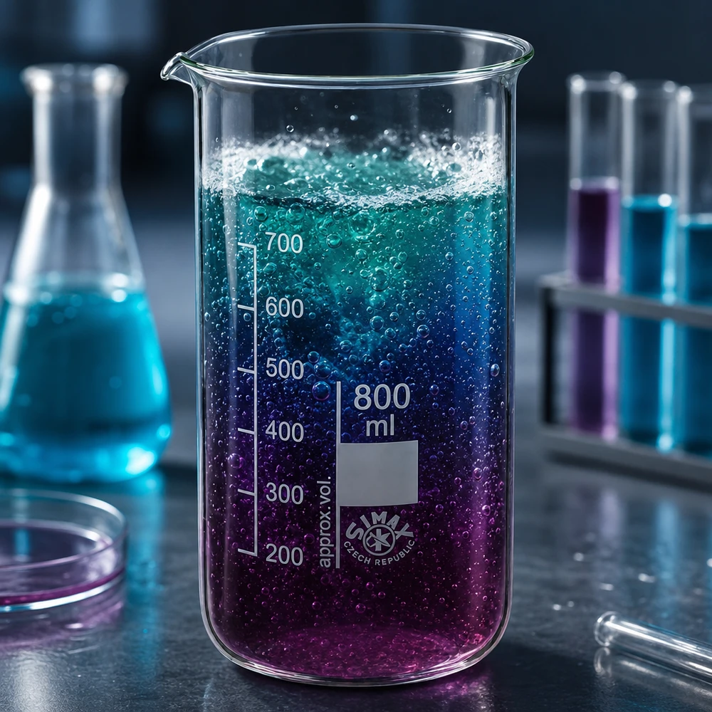 Bägare 800ml borosilikatglas, hög form Bägare, 800 ml, hög modell, med blå-lila färgövergång i vätskan och bubblor i laboratoriet