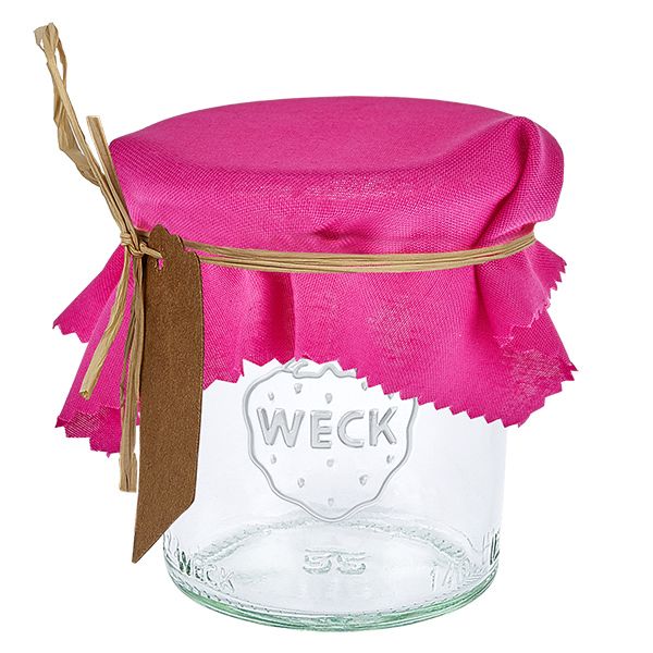Smyckesunderlägg i tyg rosa 12cm fyrkant Rosa tygdekoration 12 cm i kvadrat på Weck-burk med brun etikett och raffia för att täcka locket