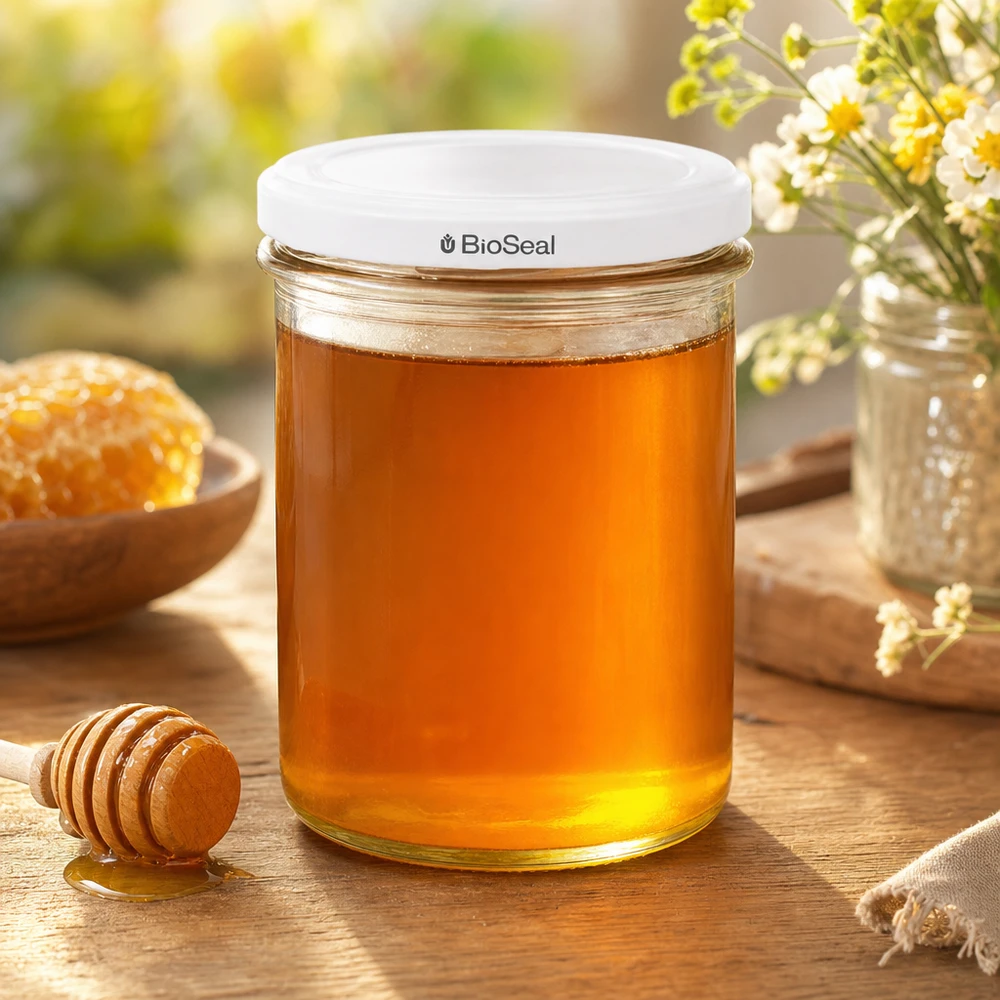 350 ml Krossade glasögon med vitt BioSeal-lock UNiTWIST UNiTWIST Sturz350 mit weißem TO82 BioSeal Deckel gefüllt mit Honig zeigt perfekte Eignung für Marmeladen und Aufstriche