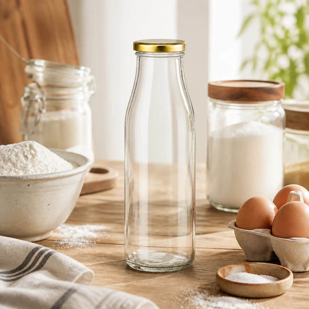 500 ml glasflaska + BasicSeal-lock guld UNiTWIST 500ml glasflaska BasicSeal lock guld i bakning kök med mjöl ägg mjölk glas på träbänkskiva köksredskap