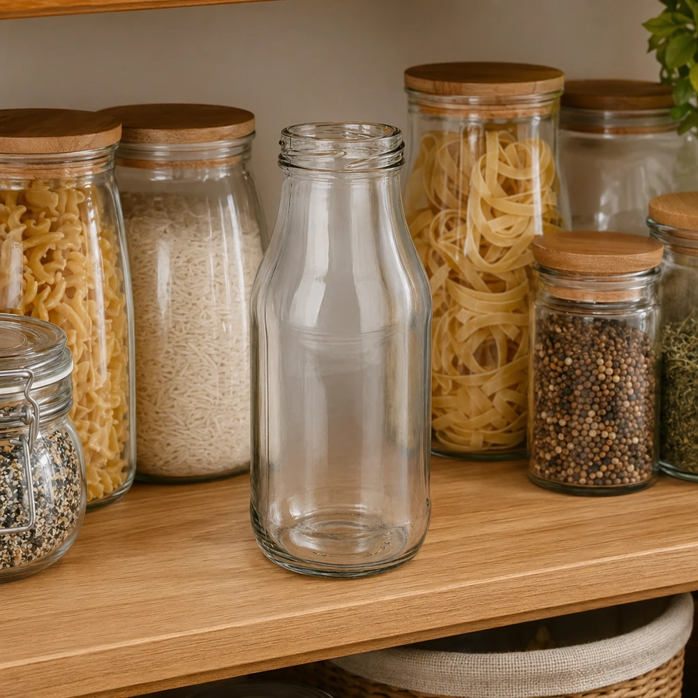 263 ml flaska utan lock (TO43) UNiTWIST UNiTWIST Bottle263 Glasflaska 263ml TO43 tom transparent på trähylla bredvid förvaringsburkar med pasta och kryddor