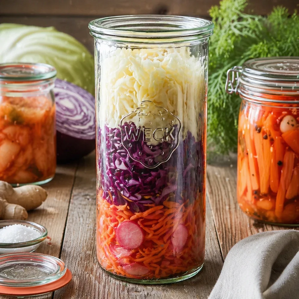 WECK RR100 1500 ml murarburk med fermenterad grönsakssauerkraut på ett träbord mellan färska ingredienser