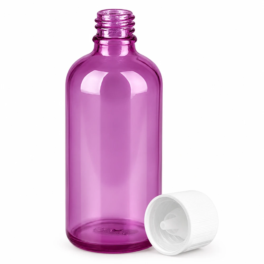 100 ml droppflaska 1,2 mm vit standard barnsäker PurpleLine. UT18/100 100 ml droppflaska i lila glas med 1,2 mm droppinsats för exakt dosering
