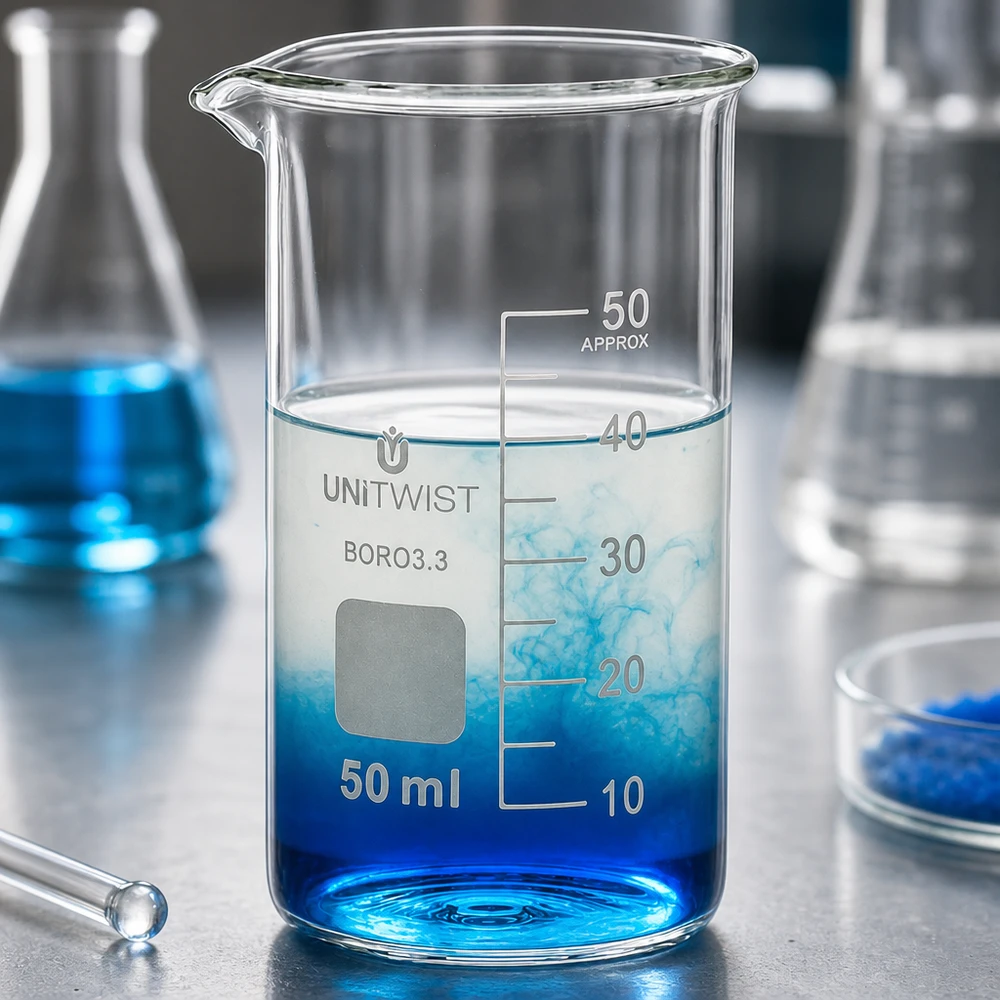 Bägare 50ml borosilikat, högformad UNiTWIST Graderad laboratoriebägare, 50 ml, hög form, borosilikatglas 3.3, med utgjutning, transparent