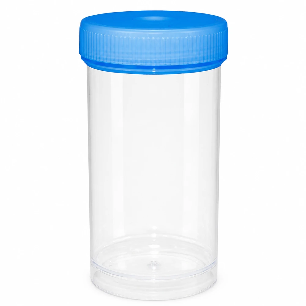 Universal plastburk (patologkärl) 100ml Genomskinlig plastburk på 100 ml med blå skruvlock för medicinska prover