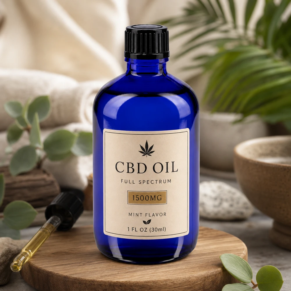 Apoteksflaska blå 100ml dropplock 1mm svart standard Blå glasflaska på 100 ml med droppinsats på 1 mm för CBD-olja och naturläkemedel på träunderlägg