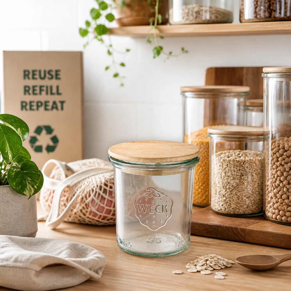 WECK 140ml RR60 burk med trälock i hållbart zero-waste kök med förvaringsburkar och återvinningssymbol