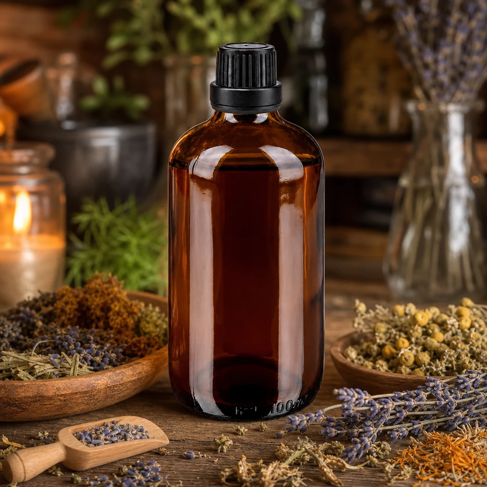 En bärnstensfärgad glasflaska på 100 ml med svart skruvlock, omgiven av torkade blommor och örter