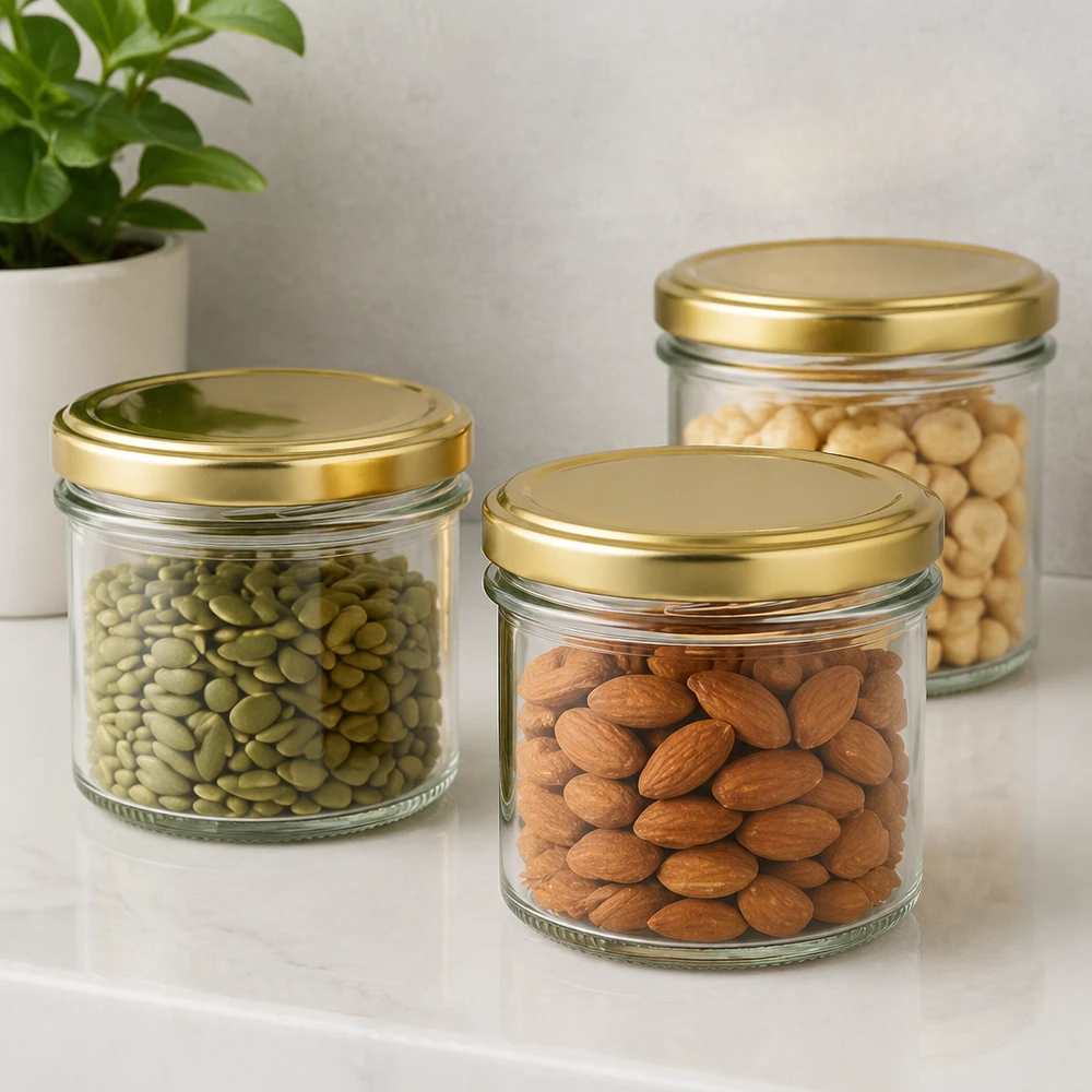 Mugg 125 ml med lock BasicSeal guld UNiTWIST 125ml Sturzgläser mit BasicSeal Deckel gold für Nüsse und Trockenfrüchte - elegante Aufbewahrung in der Küche