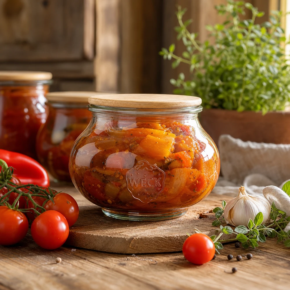 560ml smyckesburk WECK RR80 med trälock WECK förvaringsburk 560ml med trälock fylld med tomatpuré i ett rustikt kök med färska ingredienser