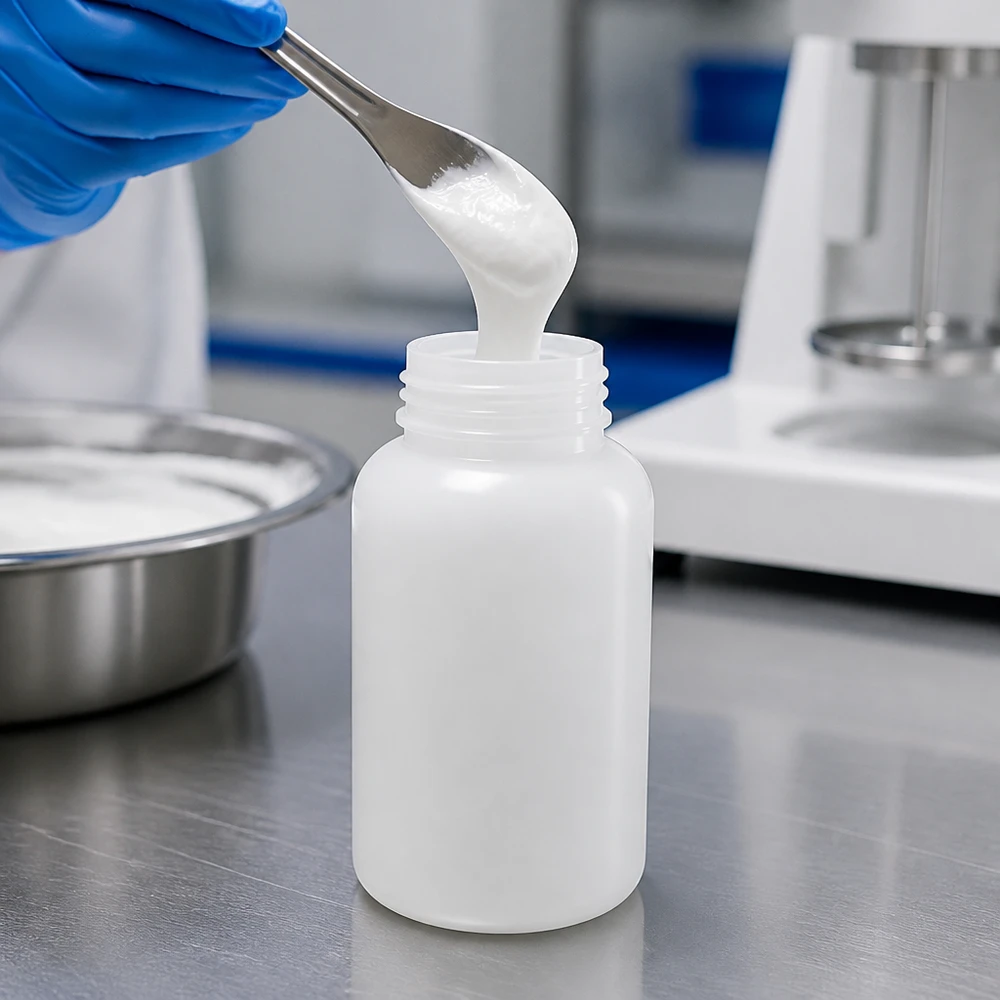 En laboratorieassistent med handskar på händerna häller över en krämig vit substans i en genomskinlig 500 ml-flaska med vid hals