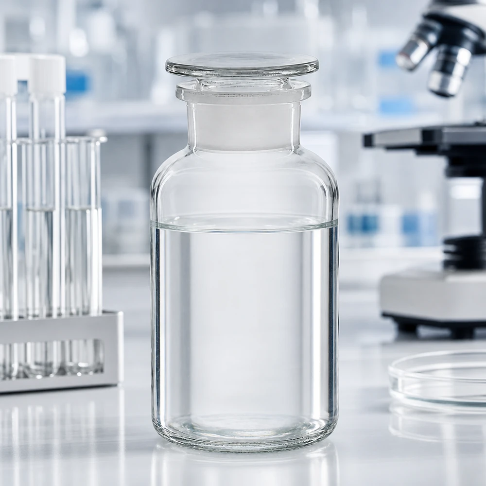 Apoteksflaska 500 ml, bredhalsad, genomskinlig, med glaspropp på ett vitt laboratoriebord