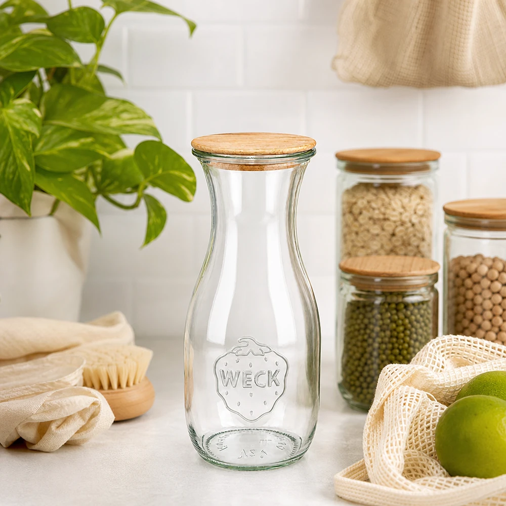 WECK juiceflaska 530ml RR60 med trälock i hållbart kök med noll avfall bredvid ekologiska produkter och växter