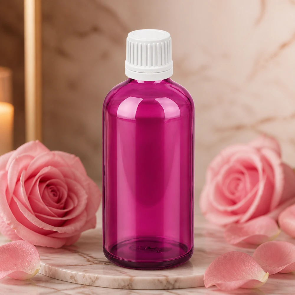 100ml flaska 11mm skruvkork vit Originality skruvkork PurpleLine UT18/100 100 ml droppflaska i lila med barnsäkert lock för exakt dosering av oljor och essenser
