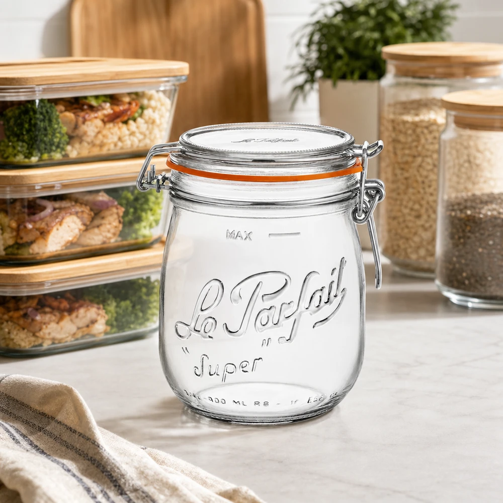 750 ml Le Parfait Super förvaringsburk med svängbar topp i ett modernt kök tillsammans med andra förvaringsbehållare
