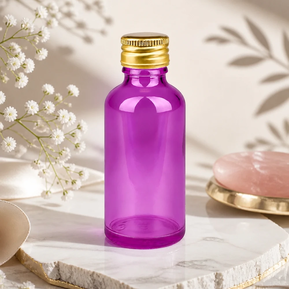 50ml flaska 11mm skruvkork aluminium guld standard PurpleLine. UT18/50 Elegant 50 ml flaska i ljus violett med en lyxig guldfinish för exklusiva vårdprodukter