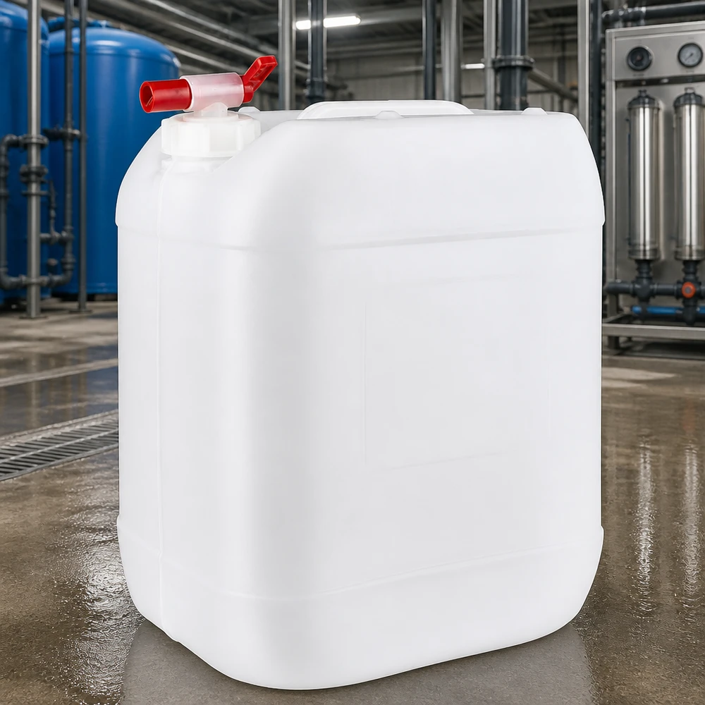 20 liters dunk med avtappningskran Tom vit dunk på 20 liter med röd utloppskran framför en industriell vattenreningsanläggning