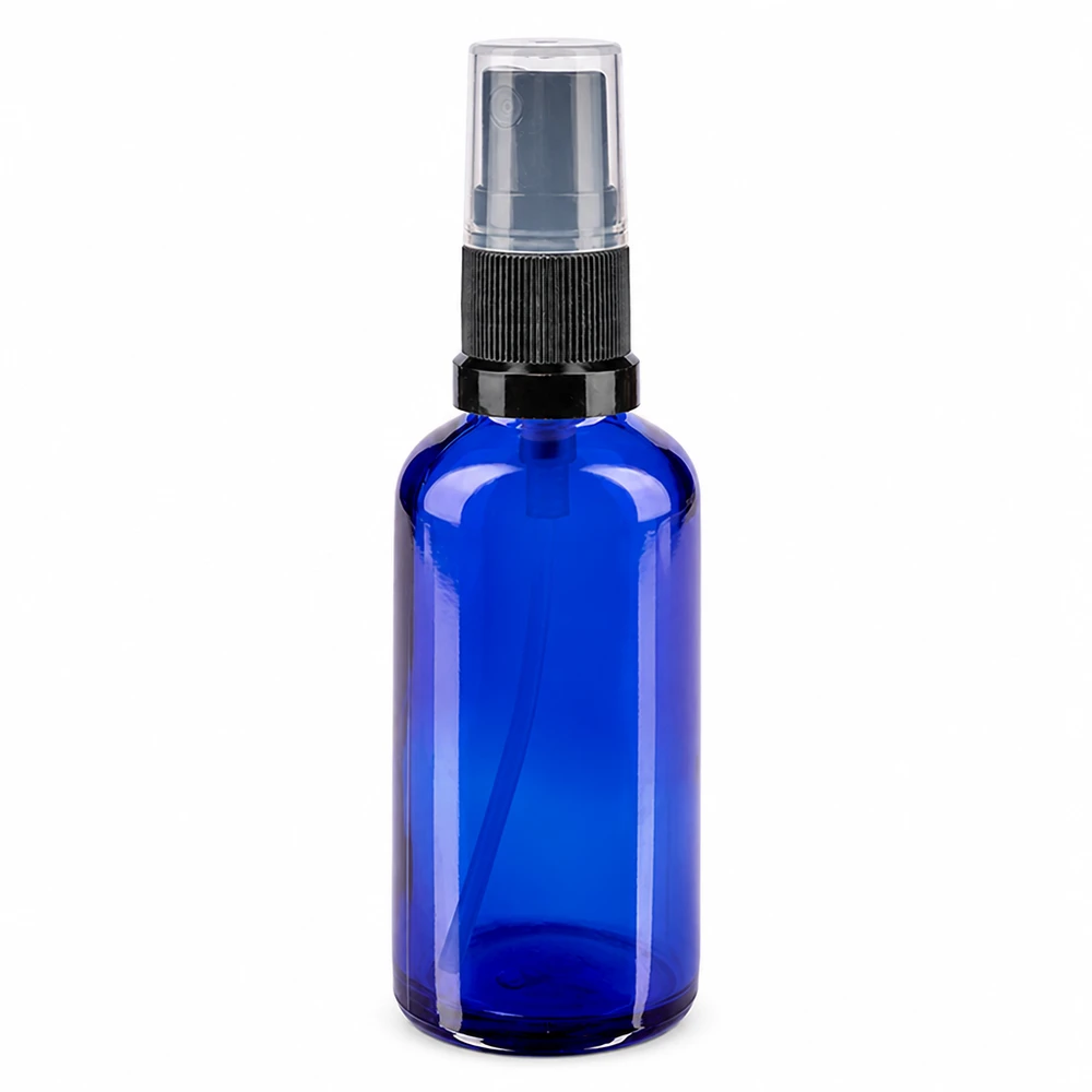 Apoteksflaska blå 50ml spray topp svart 50 ml blå glasflaska med sprayhuvud i svart och genomskinligt skyddslock