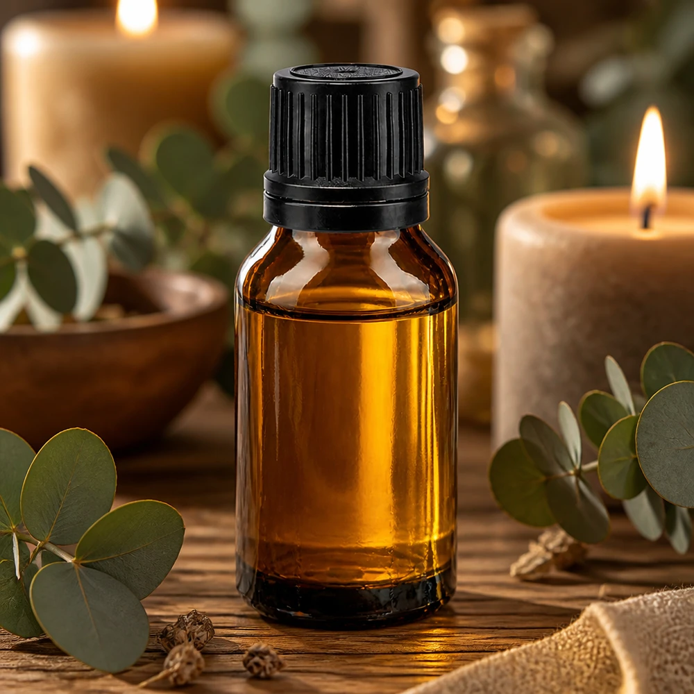Apoteksflaska brun 15ml med svart skruvkork och svart hällring Liten apoteksflaska i brunt glas, 15 ml, med barnsäker skruvlock för eteriska oljor