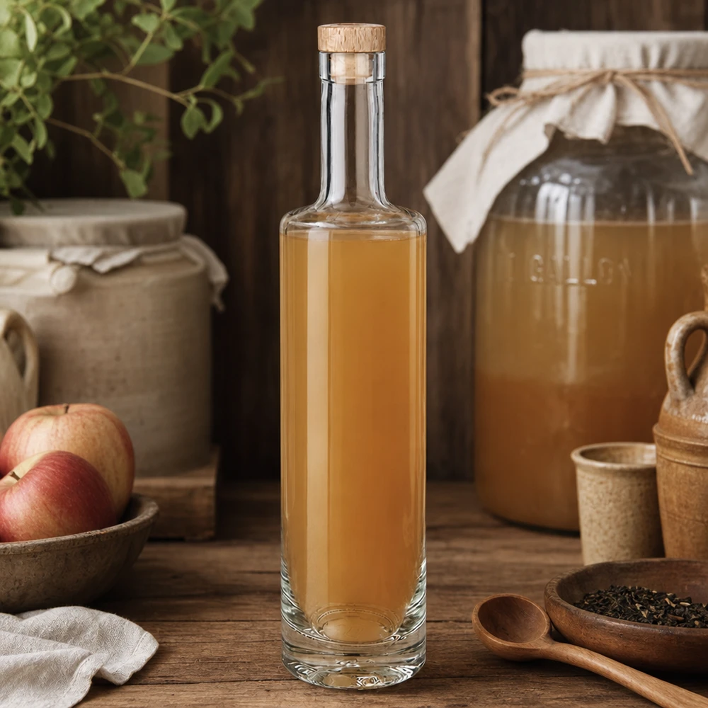 500ml glasflaska Lina med träkork fylld med äppellikör rustikt kök äpple örter atmosfär