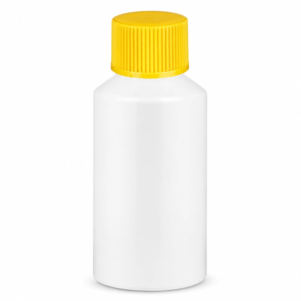 Apoteksflaska HDPE 50ml vit, med gult skruvlock Apoteksflaska i HDPE, 50 ml, vit med gult skruvlock, tillverkad av högdensitetspolyeten
