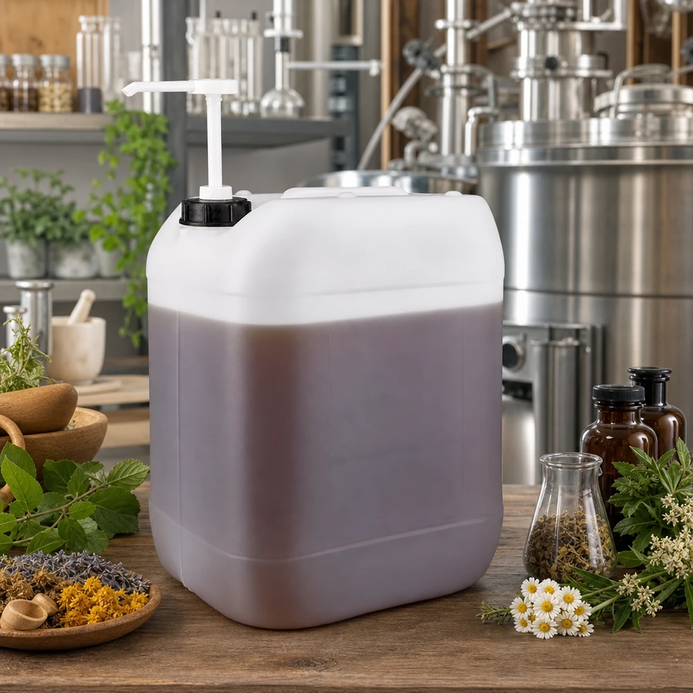 Dunk 20 liter med doseringspump En ljusviolett 20-litersdunk med en vit doseringspump, omgiven av medicinalväxter och torkade blommor