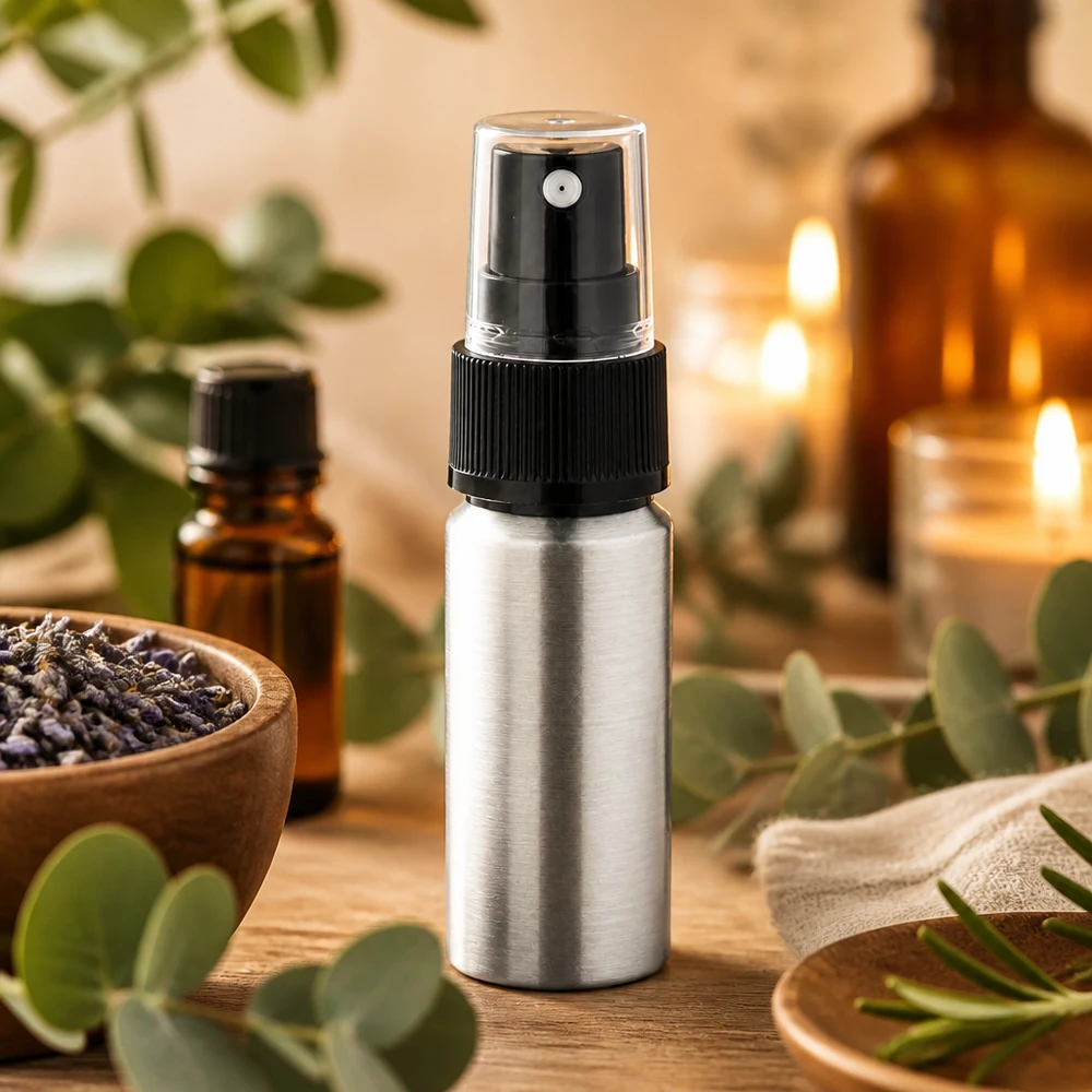 20ml polerad aluminiumflaska med atomiserare Elegant 20 ml aluminiumflaska med matt finish och exakt atomiserare för eteriska oljor
