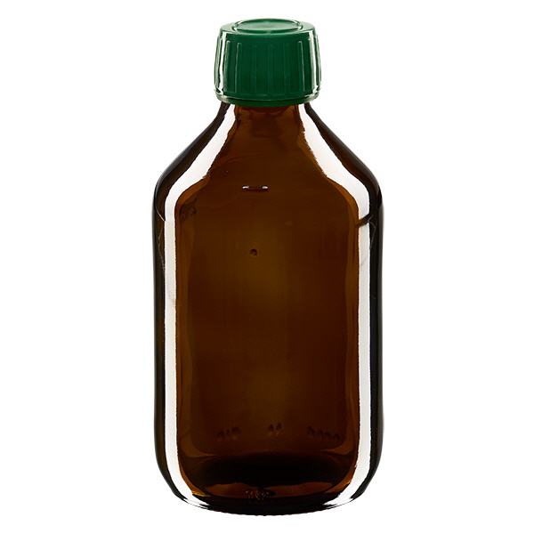 250 ml medicinflaska brun, grönt lock med säkerhetsring ApoGlas 250 ml medicinflaska brun, grönt lock med säkerhetsring ApoGlas
