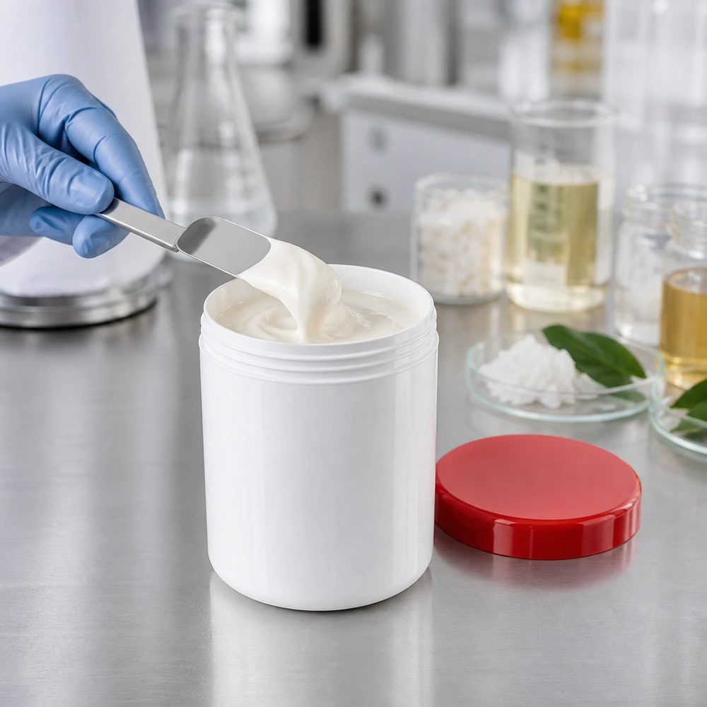 Salvburk 250g vit med rött skruvlock (polypropylen) Vit plastburk på 250 g med rött lock för farmaceutiska krämer och salvor