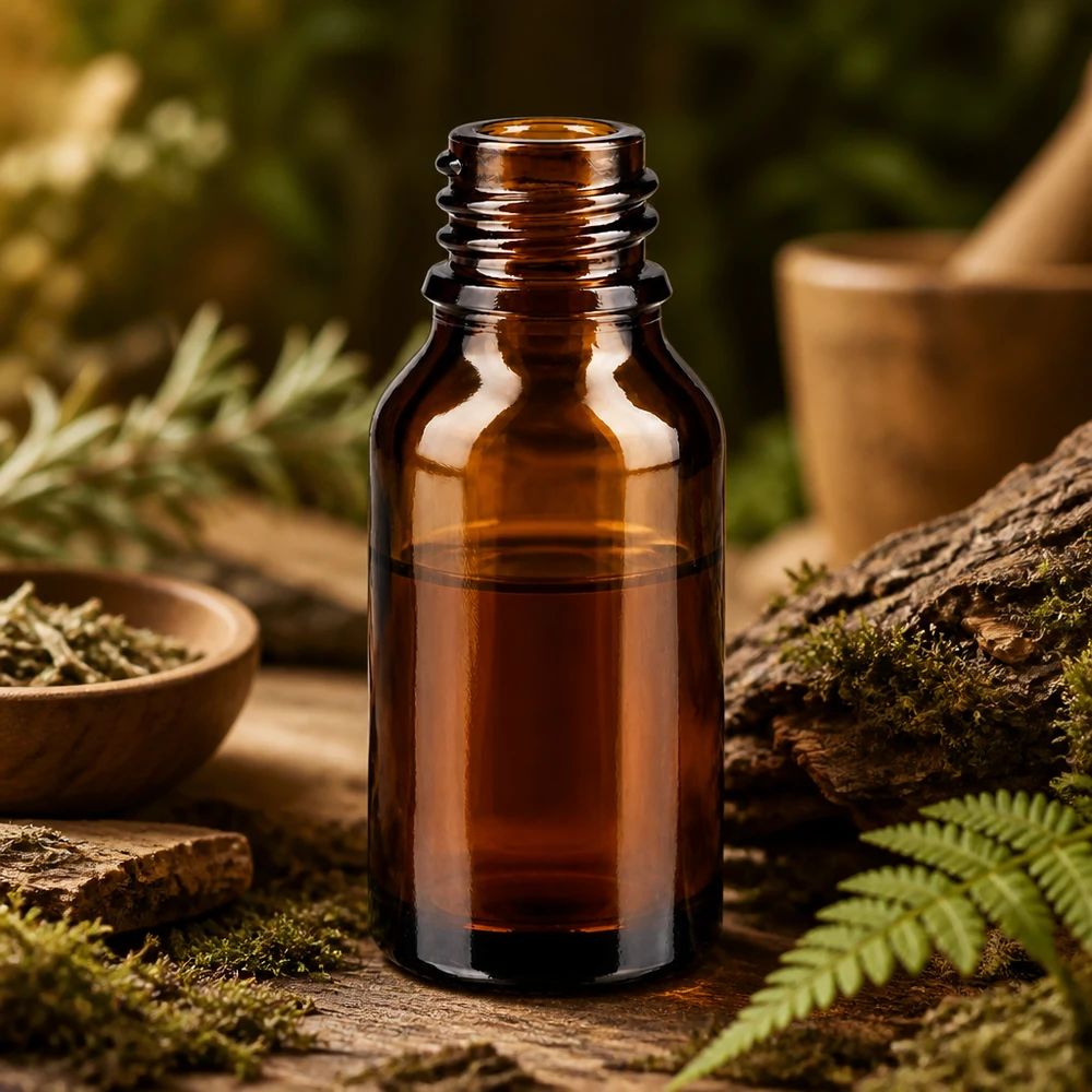 15 ml brun glasflaska ApoGlas i naturligt skogslandskap med mossor, ormbunkar och rustikt trä för naturläkemedel