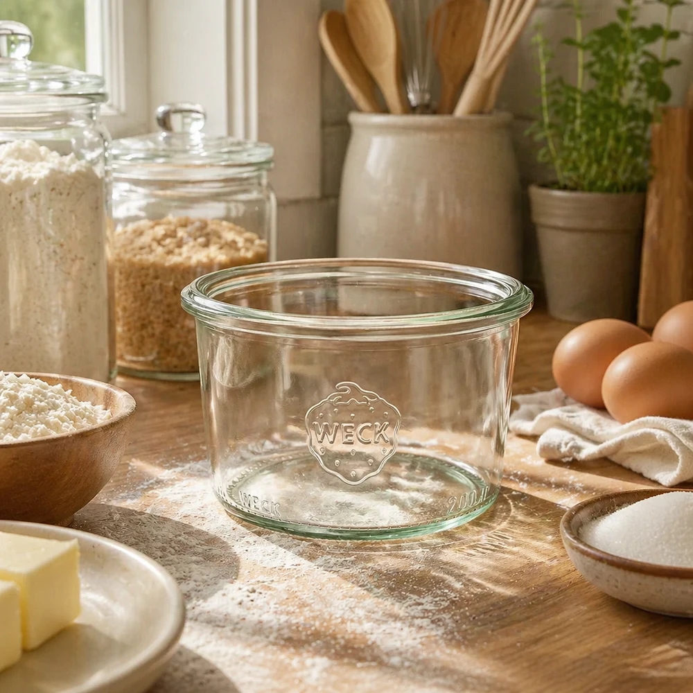 WECK 200ml RR80 glasmuggar i ett rustikt kök med bakingredienser och köksredskap
