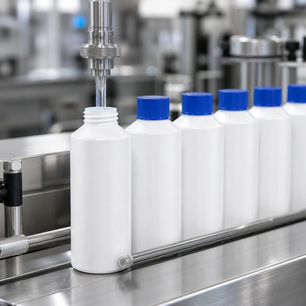 Apoteksflaska HDPE 100ml vit, med blått skruvlock En automatisk fyllningsanläggning fyller vita 100 ml HDPE-apotekflaskor med blå SV