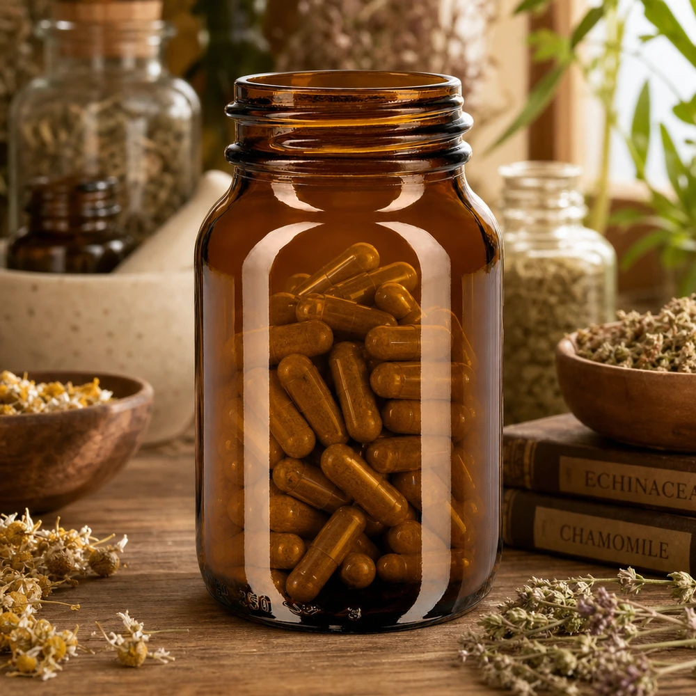 250ml bärnstensglasflaska med bred hals Robust 250 ml bredhalsad flaska i bärnstensfärgat glas för säker förvaring av kosttillskott