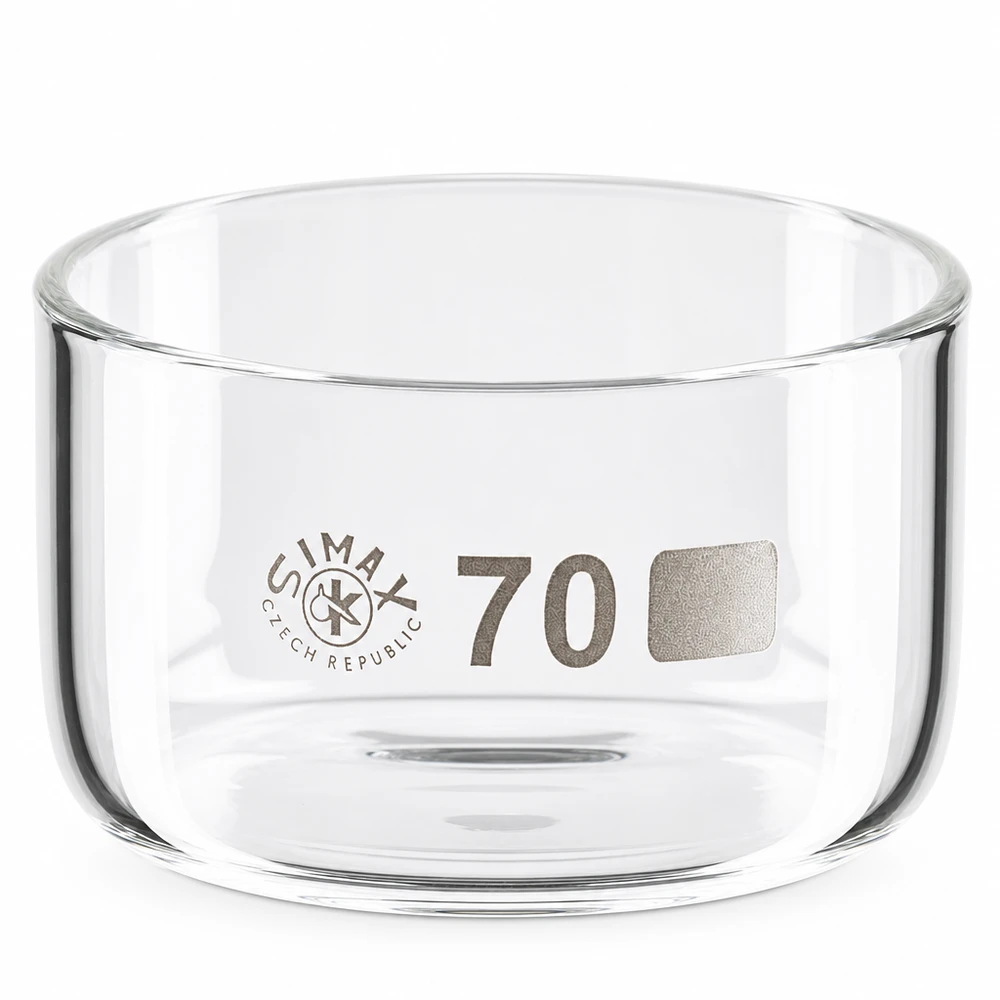 Simax kristalliseringsskål 100 ml av borosilikatglas, cylindrisk form utan pip, 70 mm i diameter