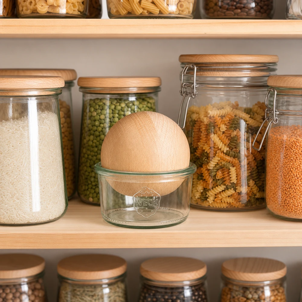 165 ml WECK RR80 Krossade glasögon med träkula i bok WECK Sturzglas 165ml RR80 mit Buchenkugel im organisierten Vorratsschrank zwischen luftdichten Aufbewahrungsgläsern