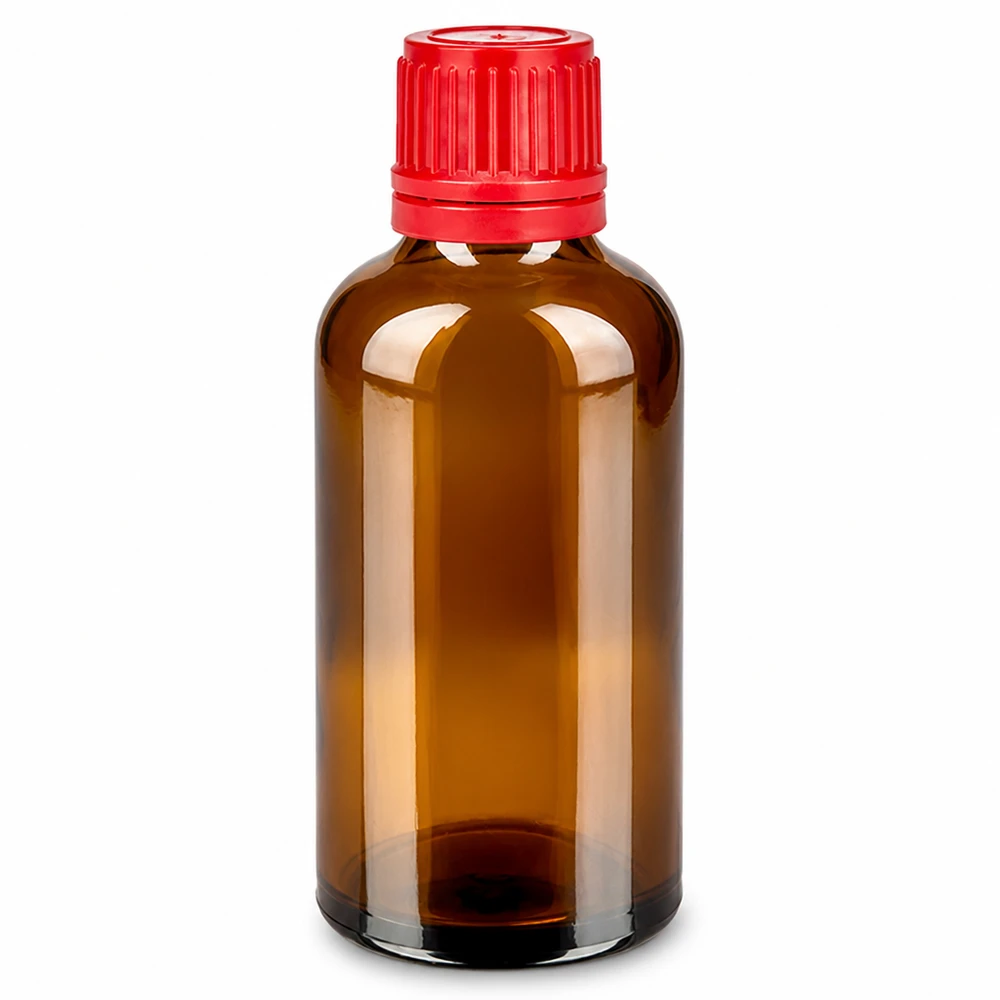 50 ml bärnstensfärgad glasflaska med röd kapsyl med sabotageskydd för säker förvaring av vätskor