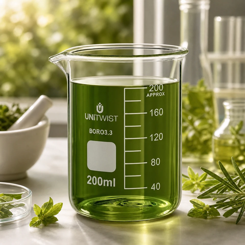Bägare 200ml borosilikat, lågformad UNiTWIST UNiTWIST bägare i glas, 200 ml, med grön vätska omgiven av färska örter på en vit yta