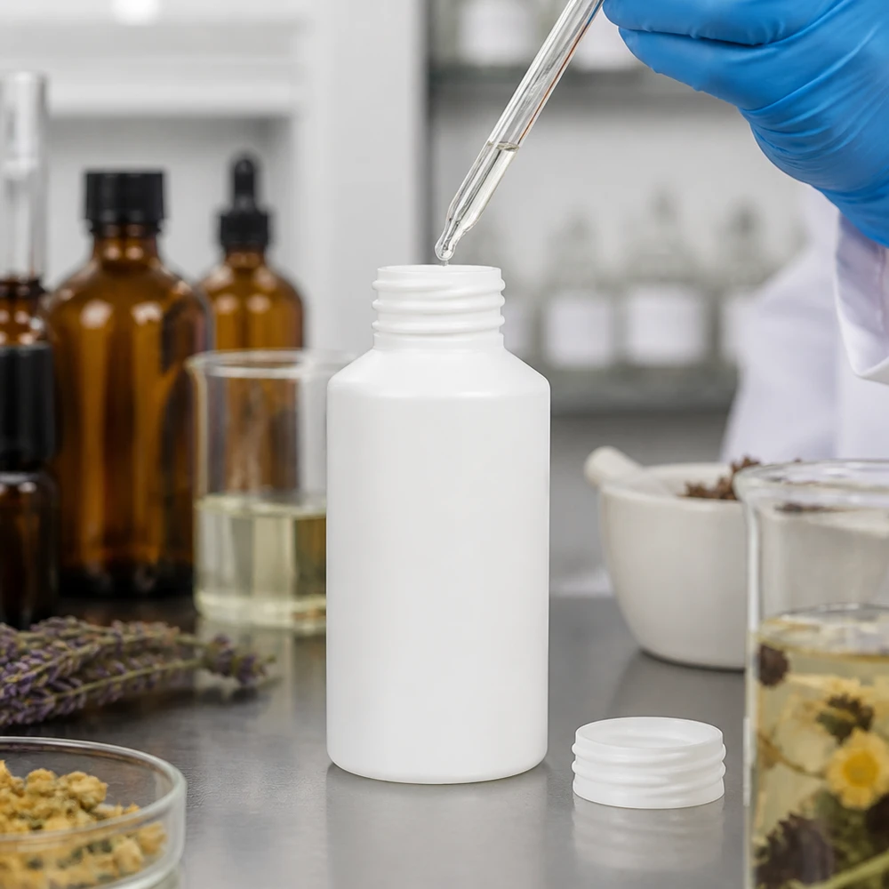 Apoteksflaska HDPE 50ml vit, utan lock Vit cylindrisk HDPE-plastflaska på 50 ml med skruvlock bredvid örter och bruna glasflaskor