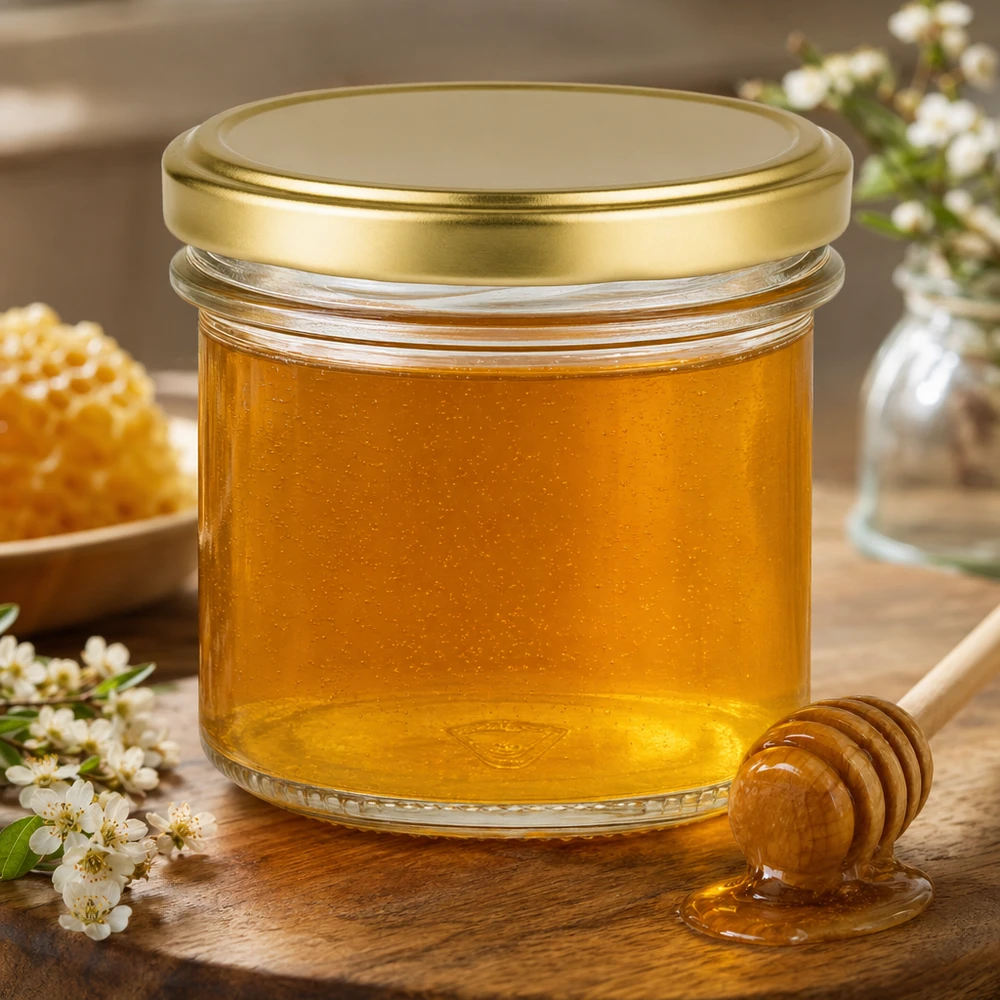 Mugg 125 ml med lock BasicSeal guld UNiTWIST 125ml Sturzglas mit BasicSeal Deckel gold gefüllt mit Honig neben Honiglöffel und Blütenzweigen