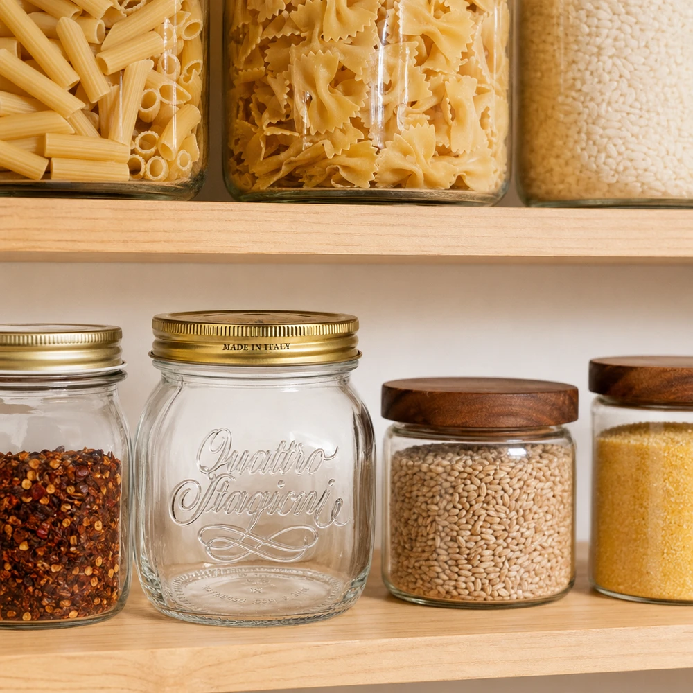 700ml rund burk "Quattro Stagioni" med lock Quattro Stagioni konserveringsburk 700ml i organiserat skafferi med pasta och kryddor Italiensk köksutrustning