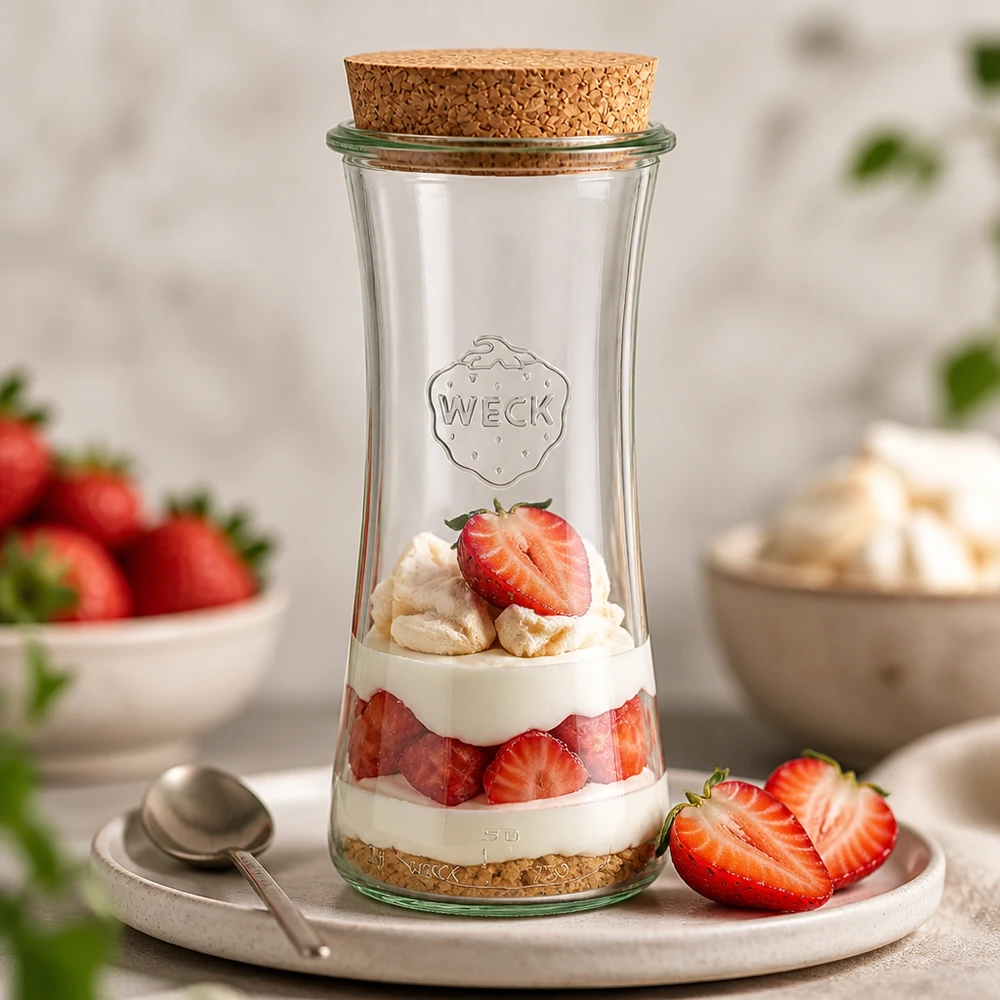 700 ml delikatessburk WECK RR80 med naturkork WECK RR80 delikatessburk 700ml med kork fylld som en jordgubbsdessert med grädde på en vit serveringsbricka