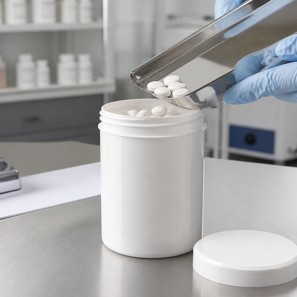 Vit PP-plastburk på 800 g med skruvlock vid farmaceutisk fyllningsprocess