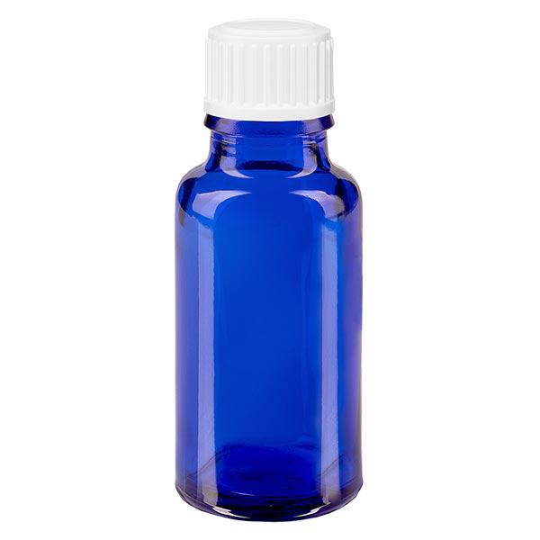 Apoteksflaska blå 20ml skruvlock vita globuler standard Apoteksflaska blå 20ml skruvlock vita globuler standard