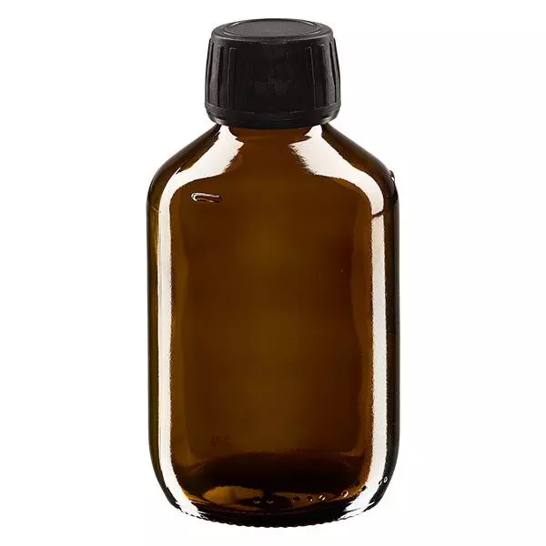200 ml medicinflaska, brun, svart lock med manipuleringssäker ring ApoGlas