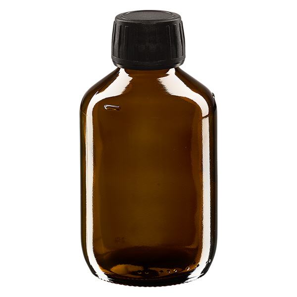 200 ml medicinflaska, brun, svart lock med manipuleringssäker ring ApoGlas 200 ml medicinflaska, brun, svart lock med manipuleringssäker ring ApoGlas