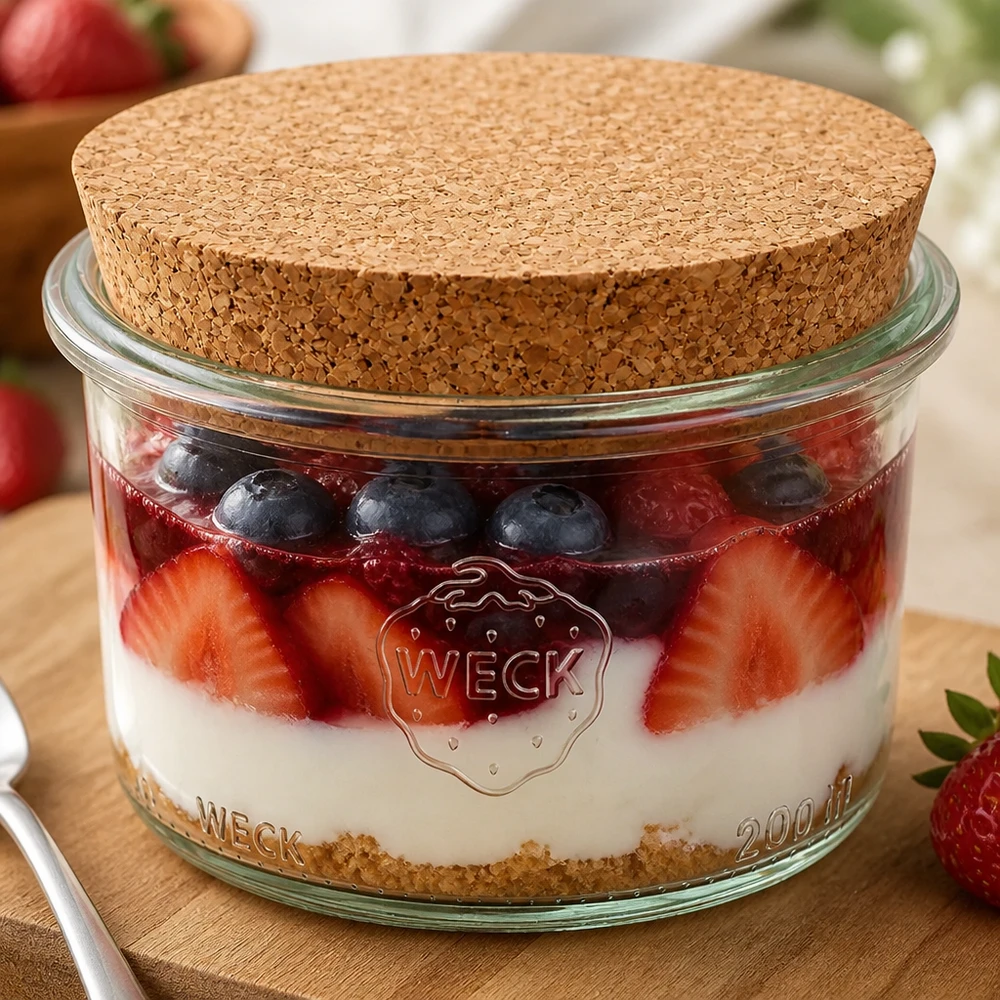 200ml Krossade glasögon WECK RR80 med kork natur WECK tumlare 200ml RR80 fylld med bärdessert och korklock visar mångsidig användning som dessertburk