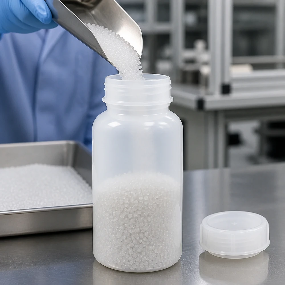 Großmündige 500ml Laborflasche aus Kunststoff ideal für körnige und pulverförmige Substanzen
