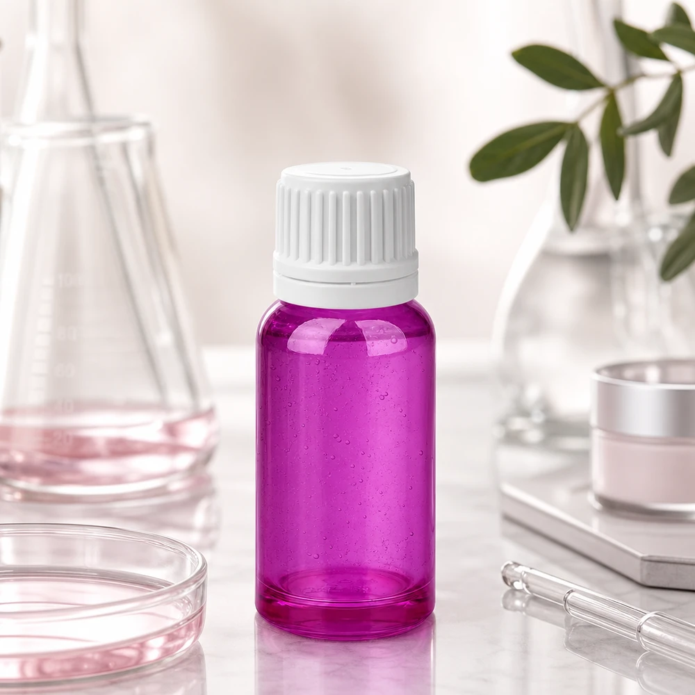 Kompakt 20 ml laboratorieflaska i transparent violett med räfflat skruvlock för laboratorieapplikationer